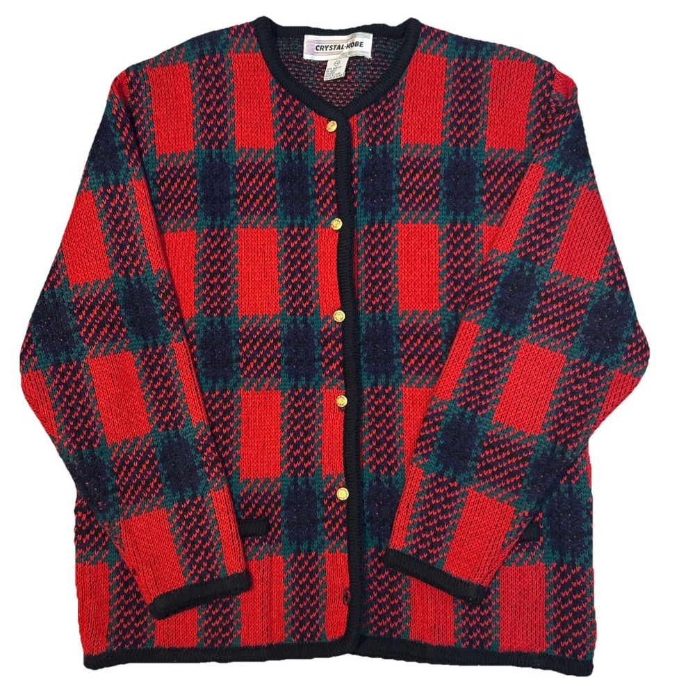 Crystal Kobe Button Knit Red Plaid Cardigan Womens Large Christmas Grandma Tweed